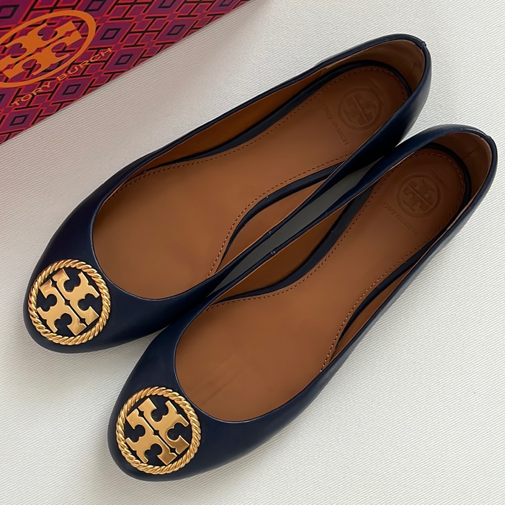 Tory Burch Benton 2 Ballet Flat Nappa Leather Royal Navy Rolled Brass 7.5 NWT